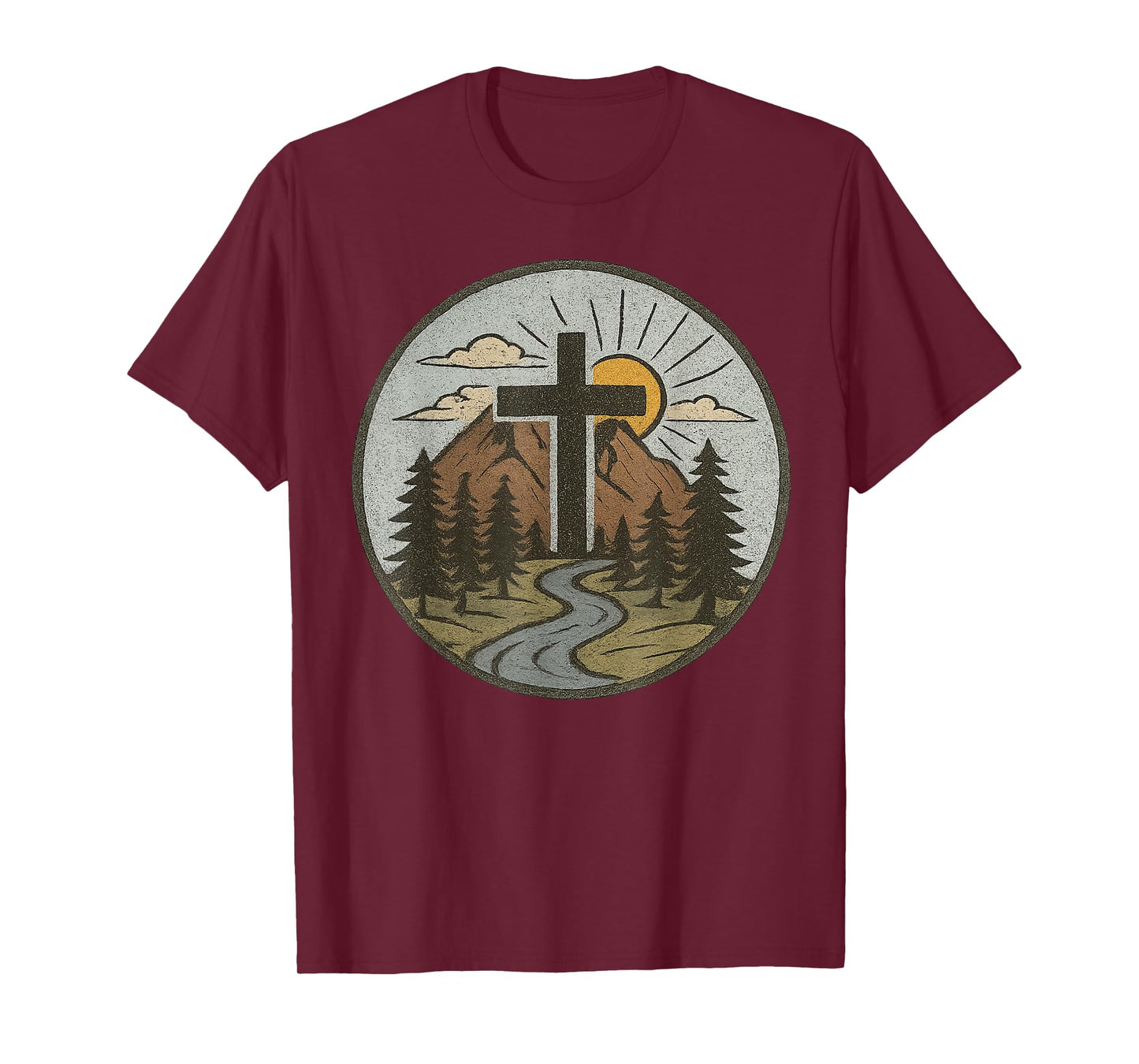 Christian Cross Mountains River Sunrise Faith-Inspired T-Shirt