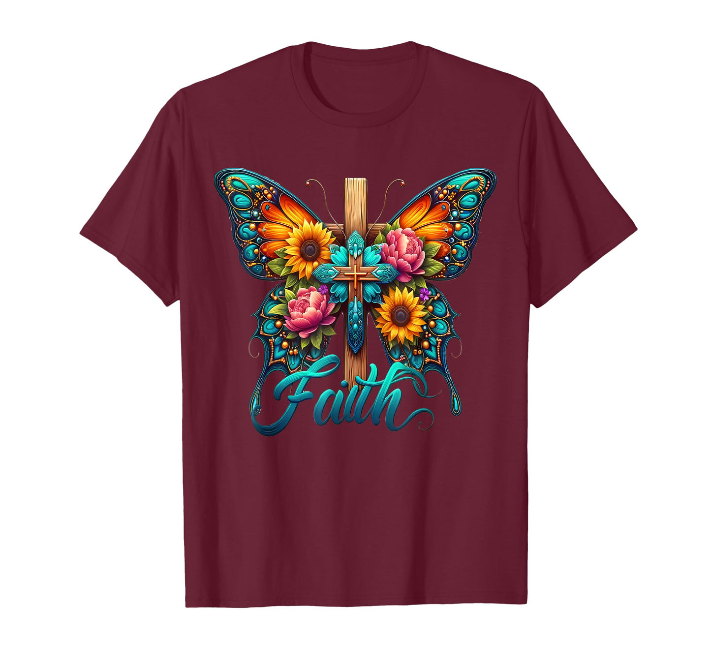 Faith Cross Sunflower Butterflies Flowers Christians Vintage T-Shirt