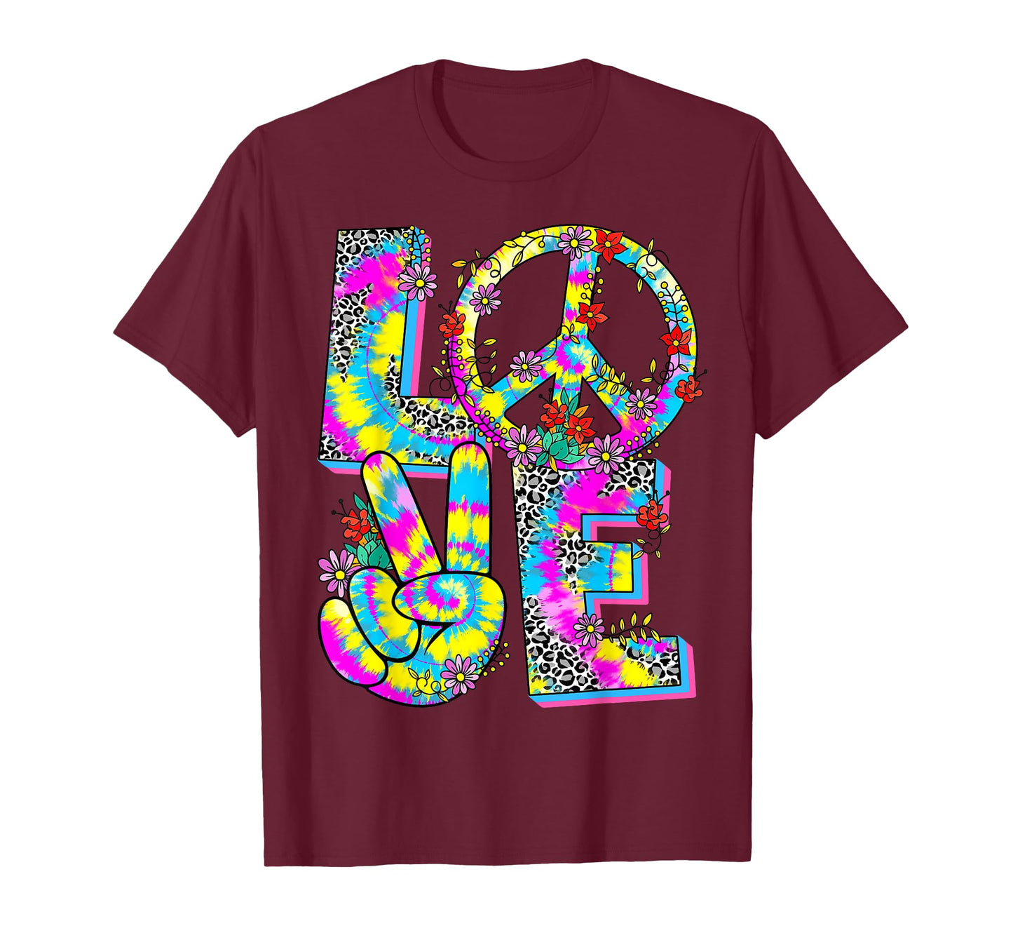 Floral Love Peace Hand Sign Leopard Tie Dye 60s 70s Hippie T-Shirt