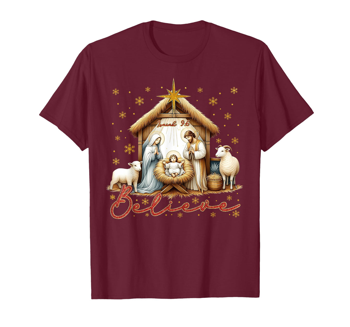 Nativity Scene BELIEVE Christian Family Merry Christmas T-Shirt