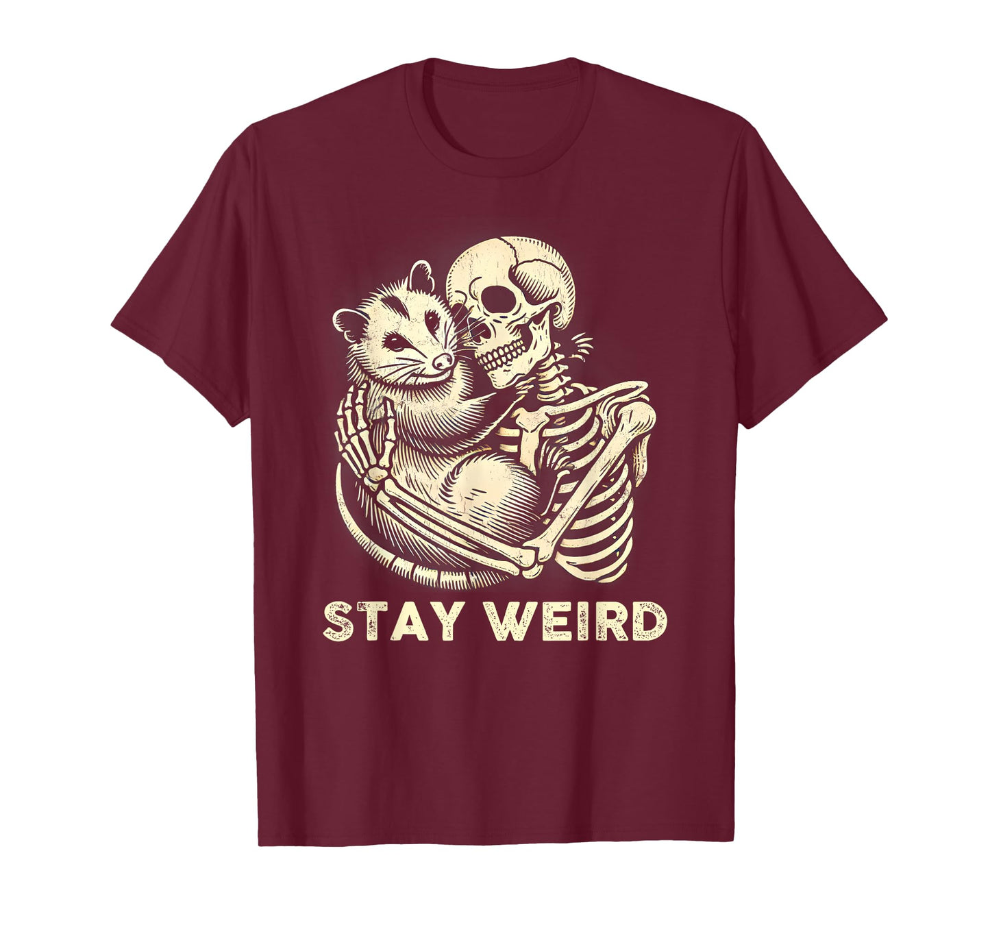 Skeleton Hugging Opossum Stay Weird Vintage Humor Possum T-Shirt