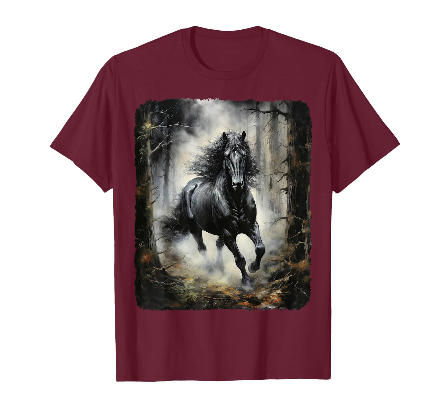 Beautiful black Horse running through the forest by night T-Shirt