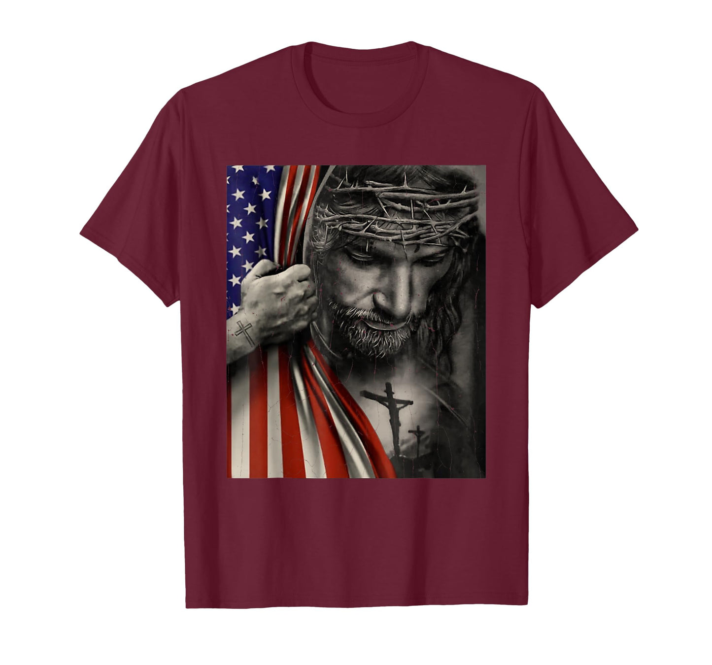 Vintage American Flag And Jesus Cross Christian Holiday T-Shirt