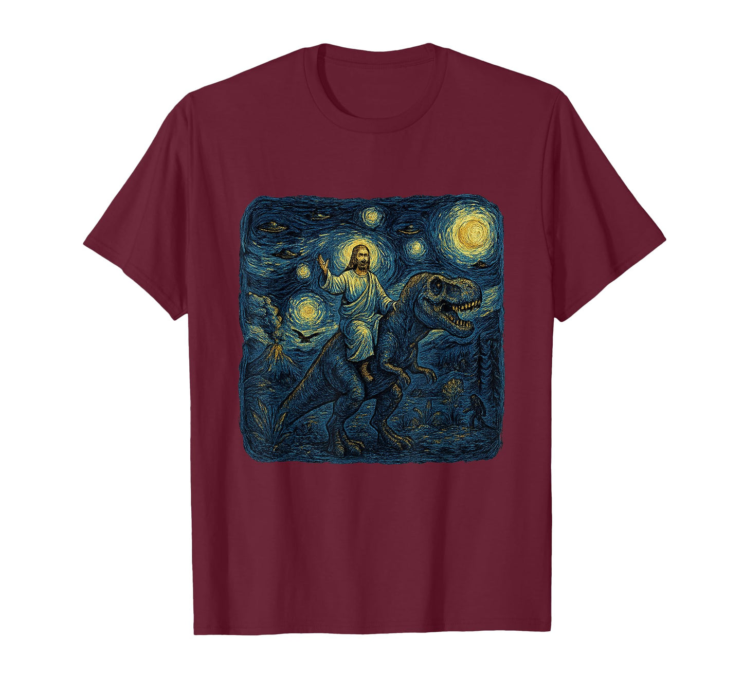 Jesus Riding Dinosaur Starry Night Funny Men Women UFOs T-Shirt