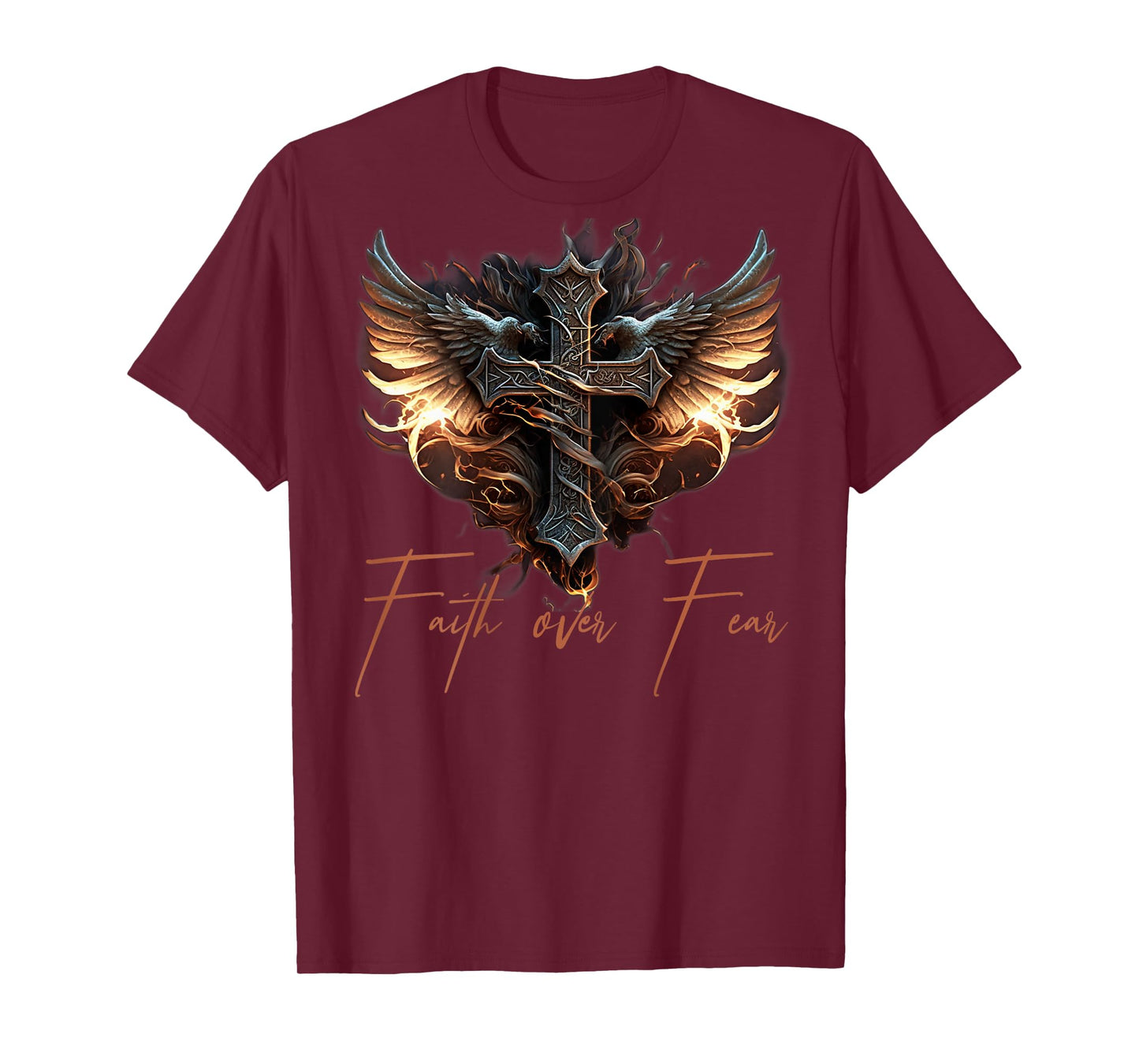 Biker Angel Wings Christian Cross Faith Over Fear - On Back T-Shirt
