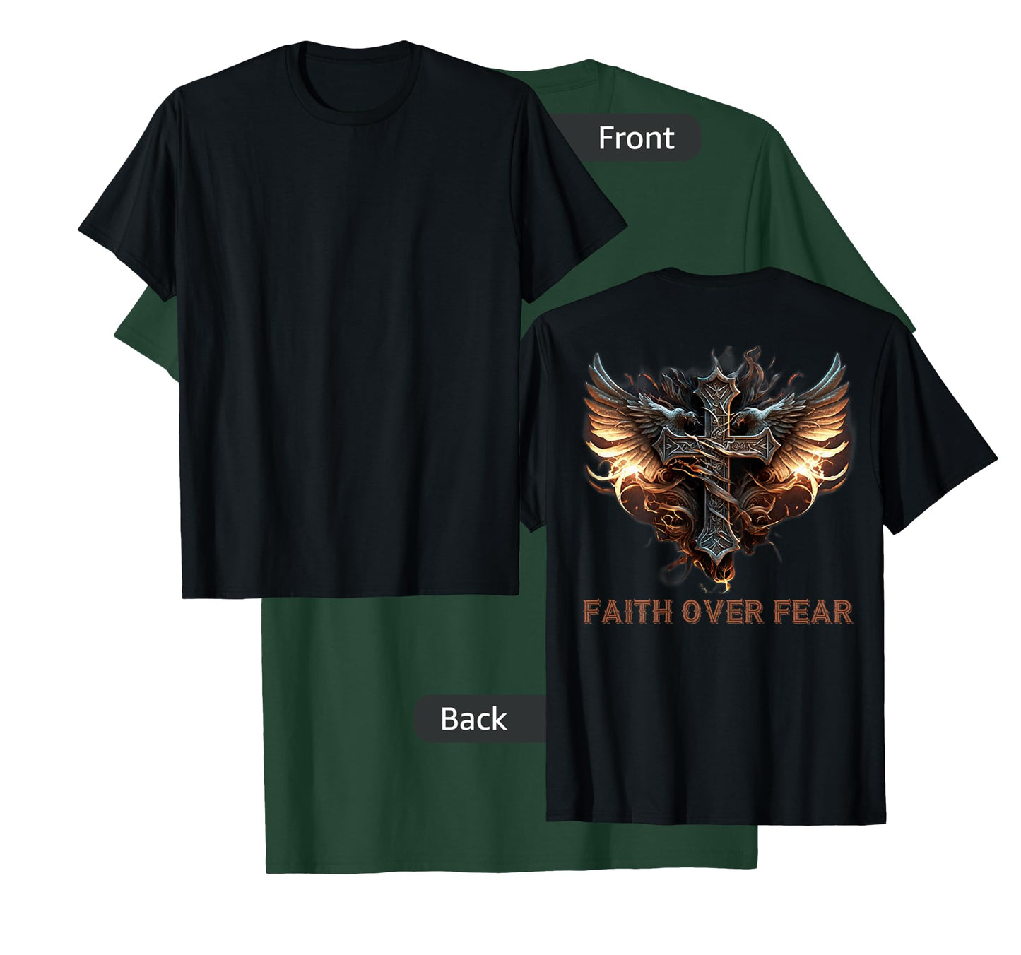 Angel Wings Christian Cross Faith Over Fear - On Back T-Shirt