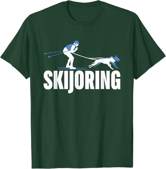Skijoring Funny Dog Pulling Ski Driving Skiing Lovers Outfit Men Women Kids T-Shirt - T-Shirt | Forest