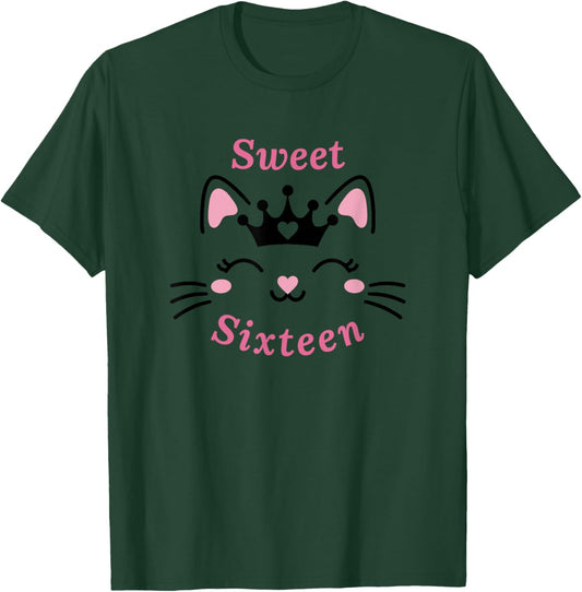 Cute Cat Sweet Sixteen Girl 16th Birthday Party Design Pink T-Shirt - T-Shirt | Forest