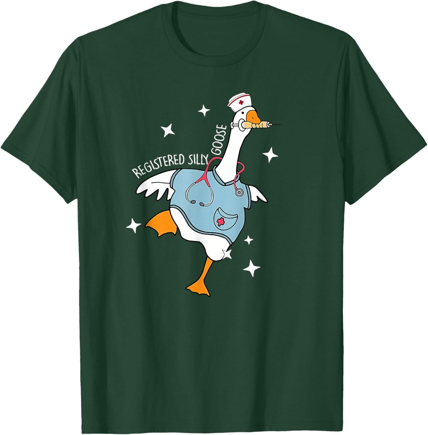Nurse Silly Goose Pediatric Nurse Appreciation Black Cartoon Humor U-Neck Classic Fit Short Sleeve , Size Small, -Adult, Nurses, Nursing Students T-Shirt - T-Shirt | Forest
