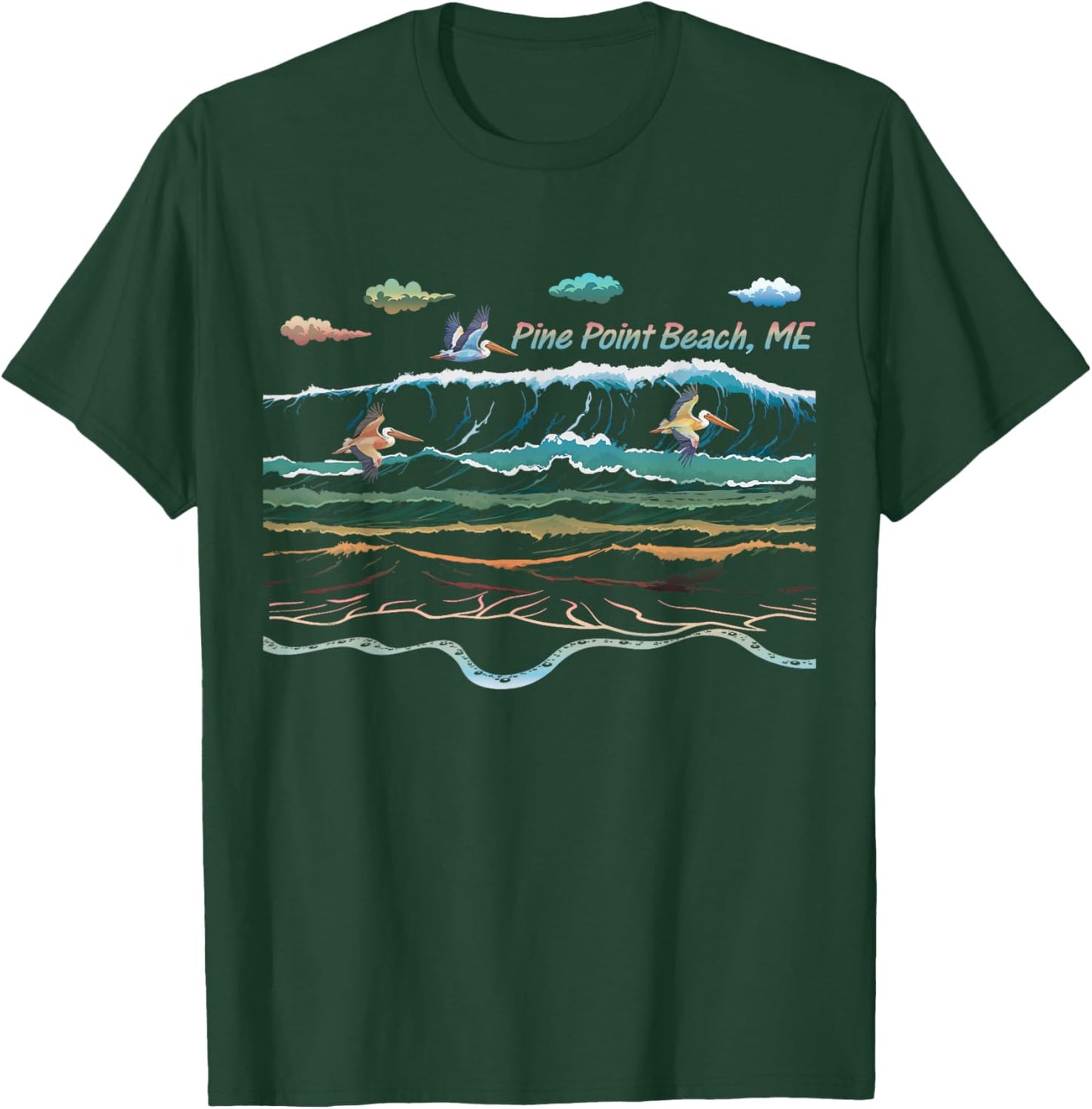 Pine Point Beach ME Beach Maine Beach Waves Pelican Birding T-Shirt - T-Shirt | Forest
