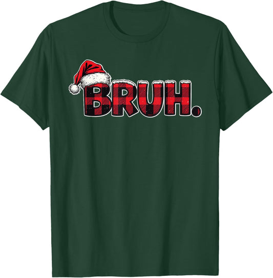Bruh Santa Hat Funny Christmas Plaid Holiday Boys Kids Xmas T-Shirt - T-Shirt | Forest