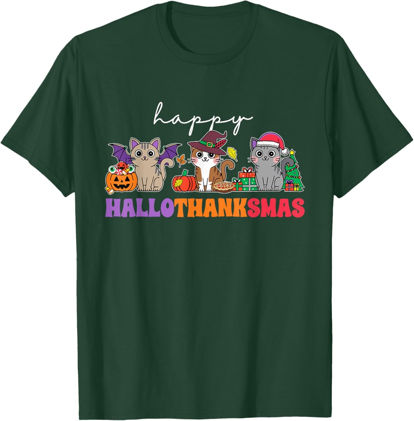 HalloThanksMas Cats : -Adults, -Kids, Black, Small, Short Sleeve, , Halloween, Thanksgiving, Christmas, Fall, Winter, Autumn T-Shirt - T-Shirt | Forest