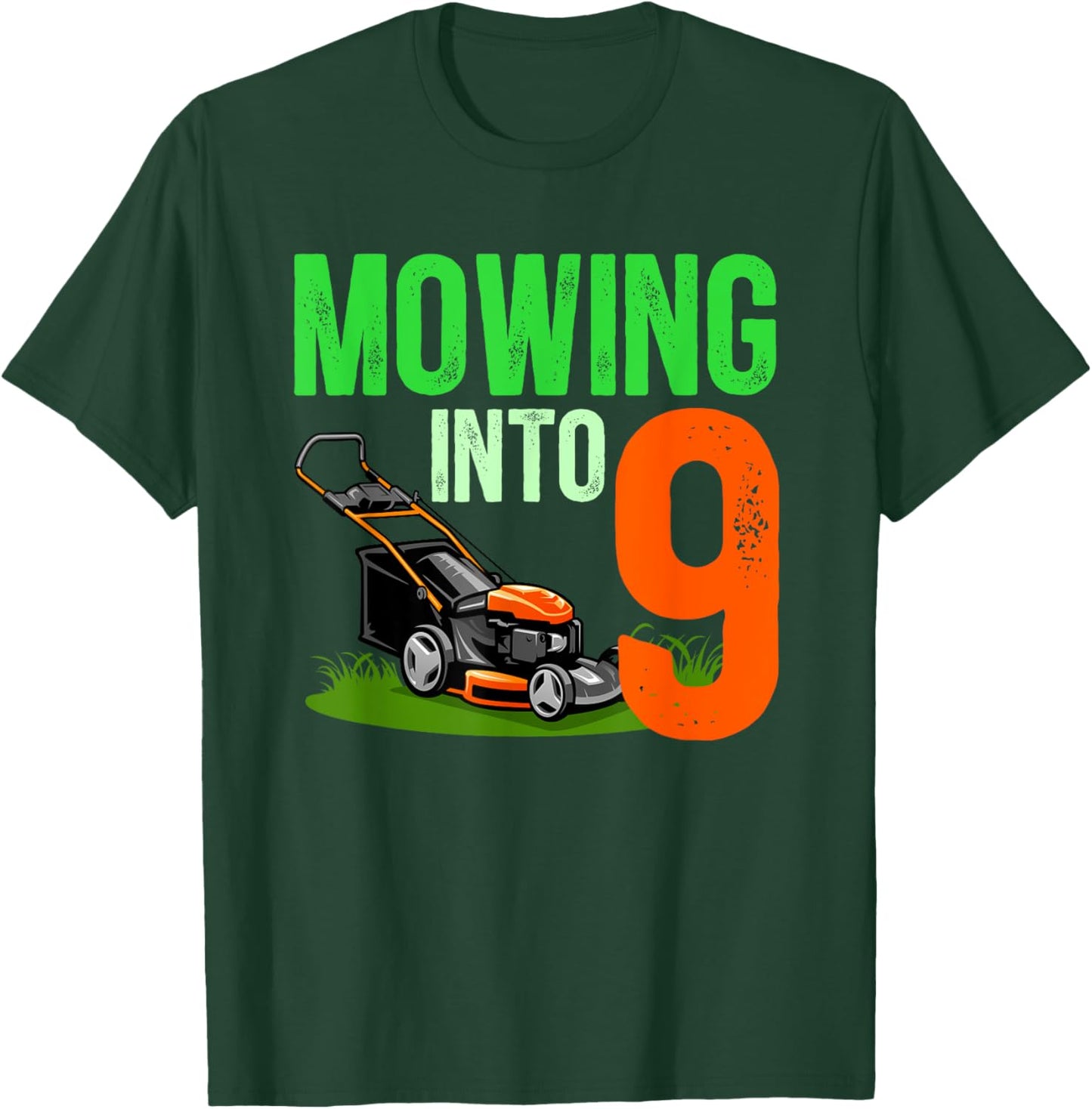 9th Birthday Party Lawn Mower 9 Year Old Lawn Mowing Boy T-Shirt - T-Shirt | Forest