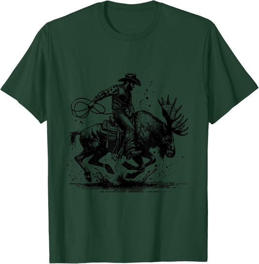 Rodeo Moose Rider – Funny Cowboy Illustration Style T-Shirt - T-Shirt | Forest