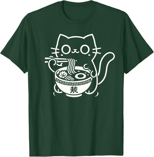 Kawaii Cat Eating Ramen Noodles Anime T-Shirt - T-Shirt | Forest