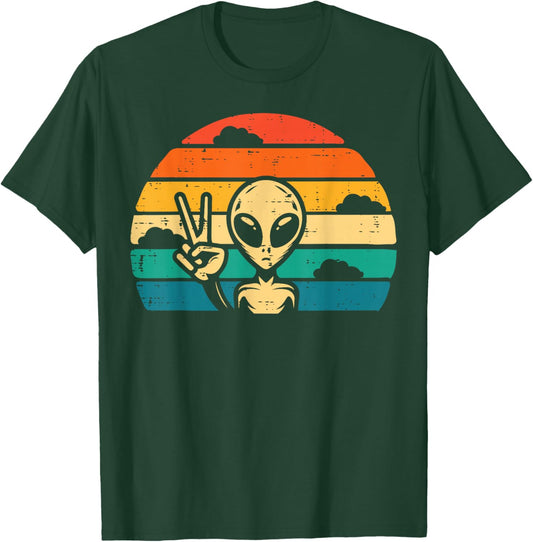 Alien Peace Sunset Retro Ufo Extraterrestrial Women Men Kids T-Shirt - T-Shirt | Forest