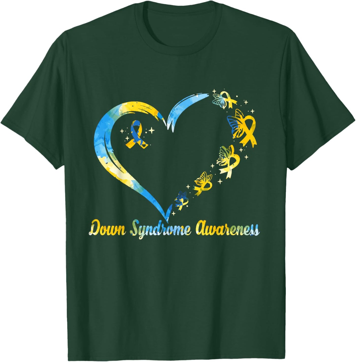 Rainbow Heart Down Syndrome Awareness Blue Yellow Ribbon T-Shirt - T-Shirt | Forest