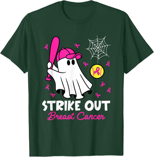 Strike Out Breast Cancer Ghost Softball Funny Breast Cancer T-Shirt - T-Shirt | Forest