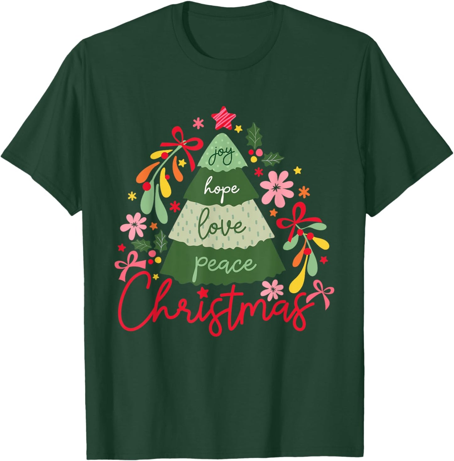 Joy Hope Love Peace Christmas Tree Pajama Outfits Holiday T-Shirt - T-Shirt | Forest