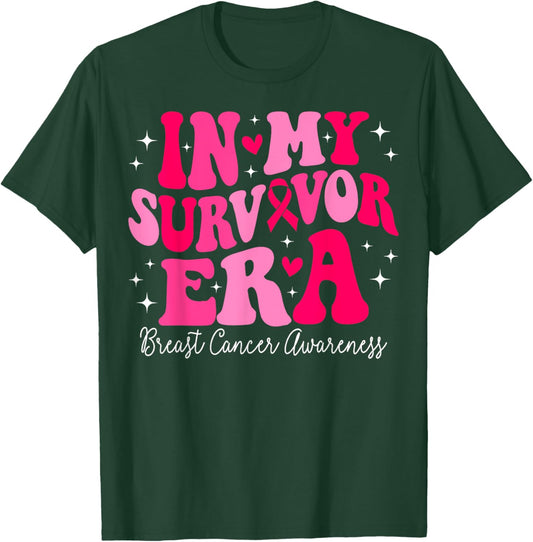 In My Survivor Era Retro Groovy Breast Cancer Awareness T-Shirt - T-Shirt | Forest