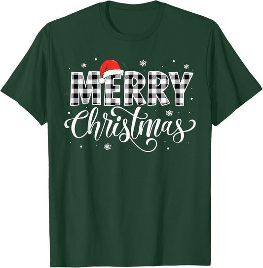 Merry Christmas Buffalo Plaid Black and White Santa Hat Xmas T-Shirt - T-Shirt | Forest