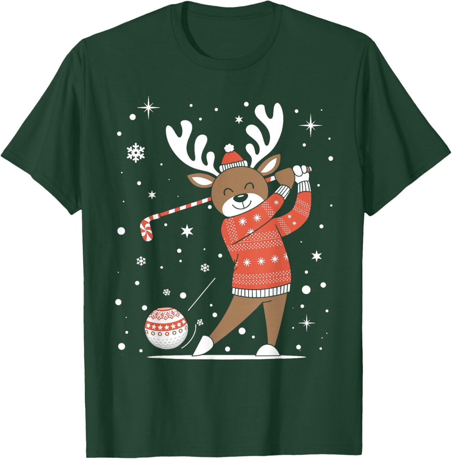 Golf Player Xmas Lights Reindeer Playing Golf Christmas T-Shirt - T-Shirt | Forest