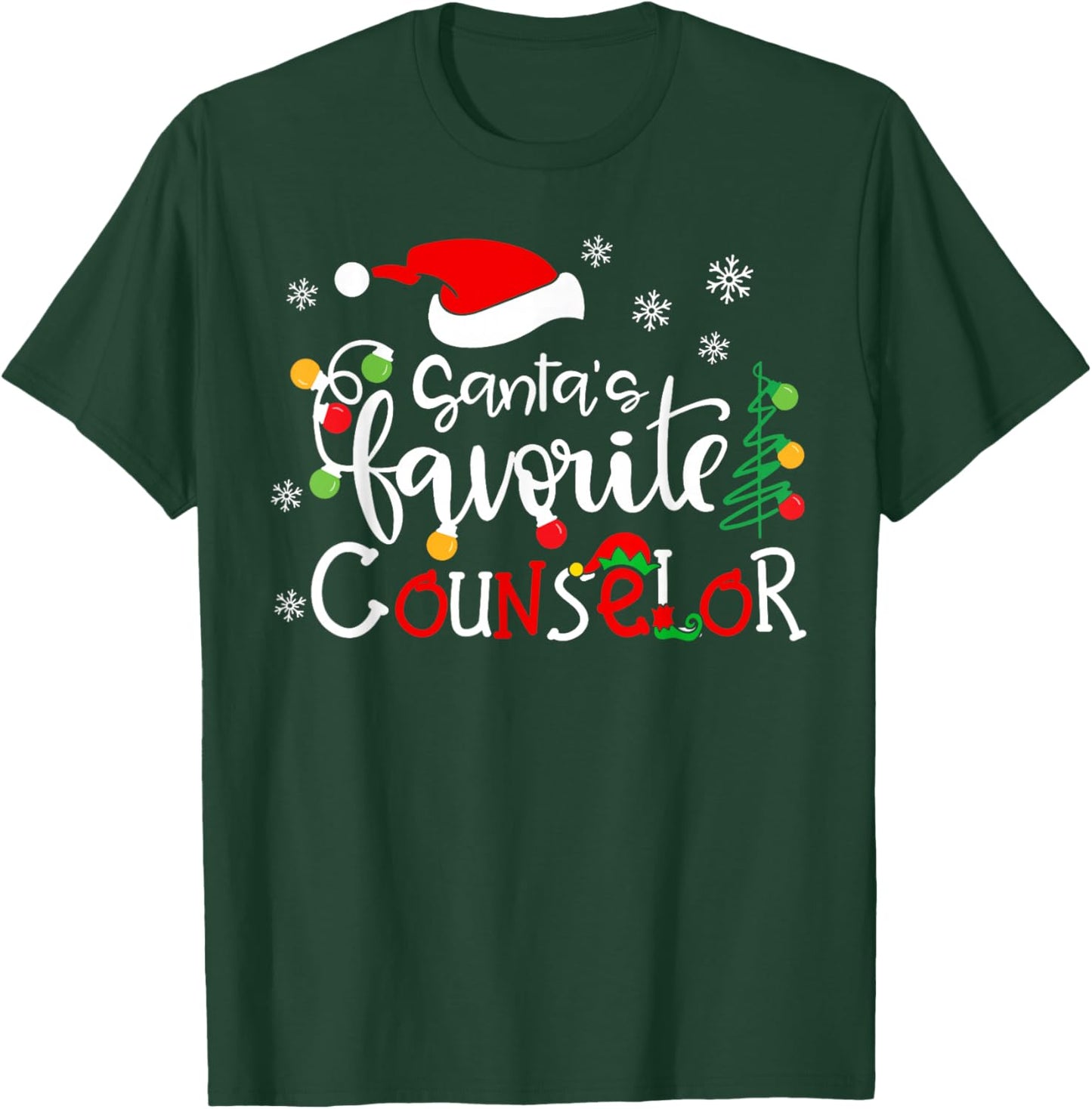 Santas Favorite Counselor Funny Christmas Santa Hat Lights T-Shirt - T-Shirt | Forest