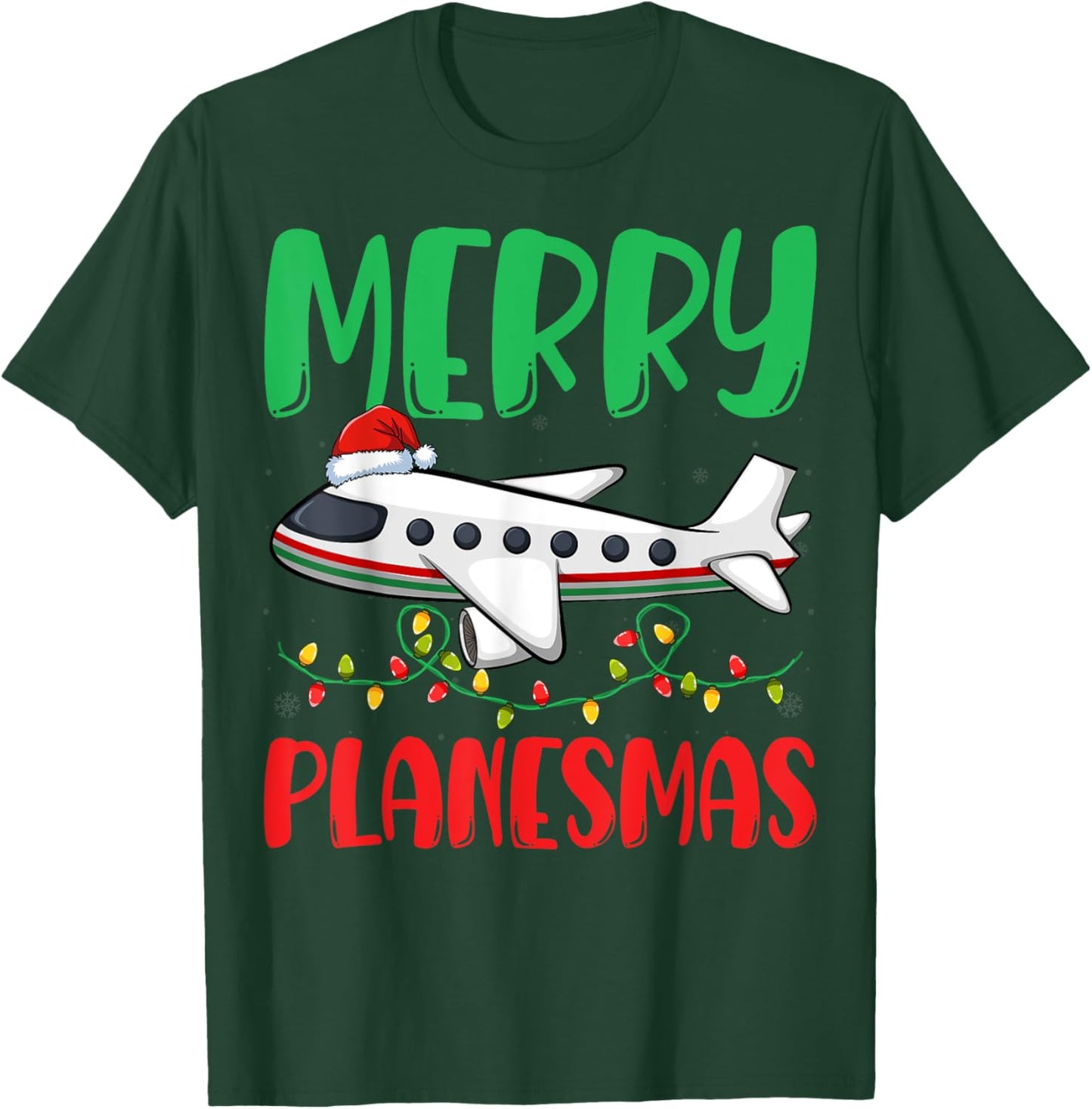 Merry Planesmas Xmas Lights Airplane Pilots Christmas T-Shirt - T-Shirt | Forest