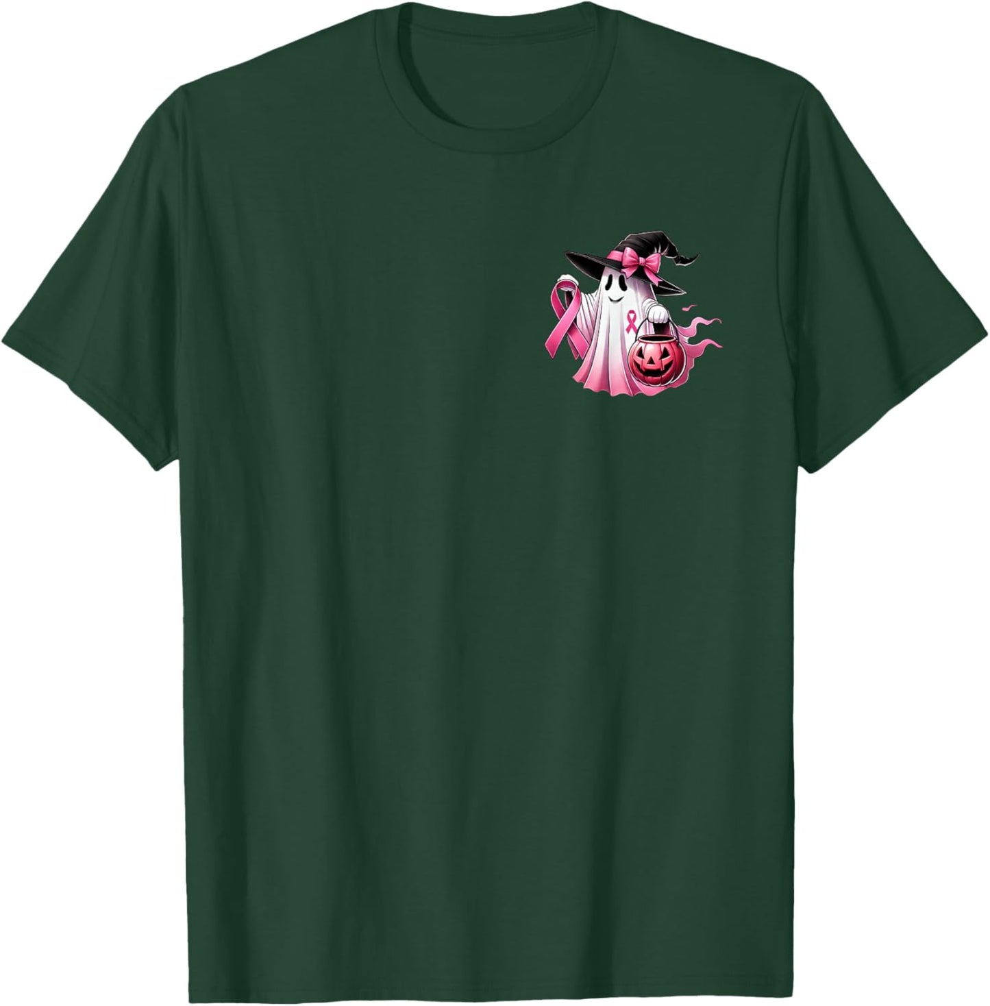 In October We Wear Pink Witch Ghost Breast Cancer (2 Side) T-Shirt - T-Shirt | Forest