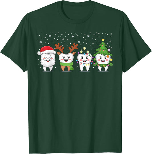 Cute Christmas Dental Tooth Characters Fun Holiday Dentist T-Shirt - T-Shirt | Forest