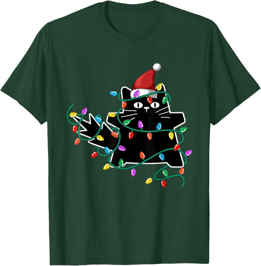 Black Cat Christmas Tree Lights Funny Santa Kitten T-Shirt - T-Shirt | Forest