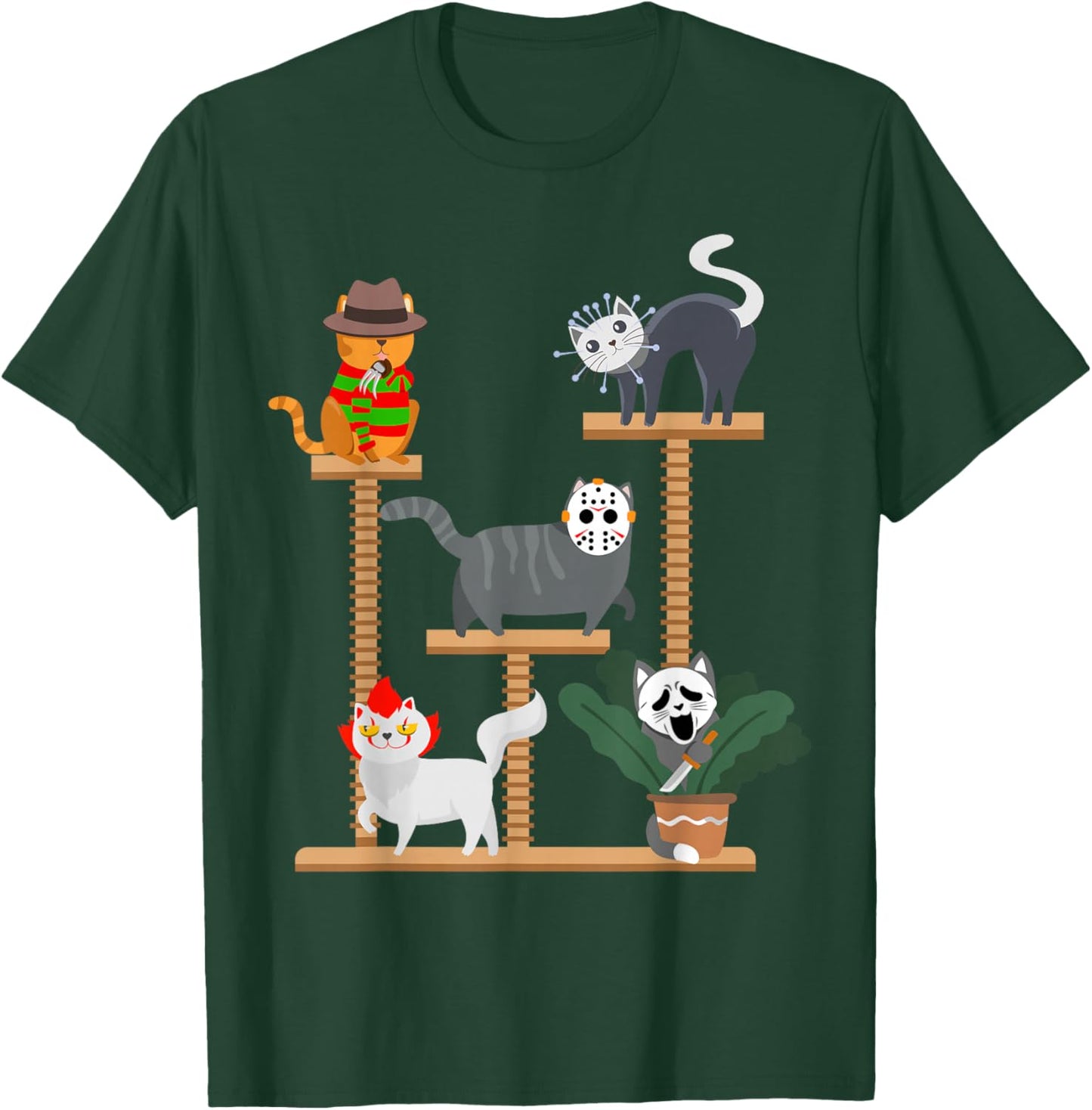 Horror Cat Playing on Tree Halloween Cat Lover Gift T-Shirt - T-Shirt | Forest