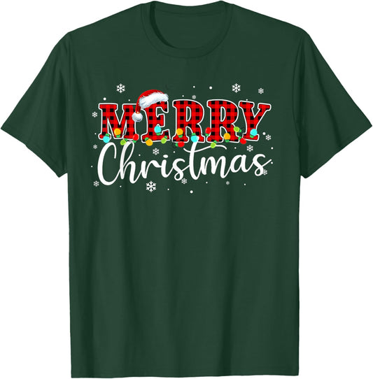 Merry Christmas Buffalo Plaid Red Santa Hat Xmas Pajamas T-Shirt - T-Shirt | Forest