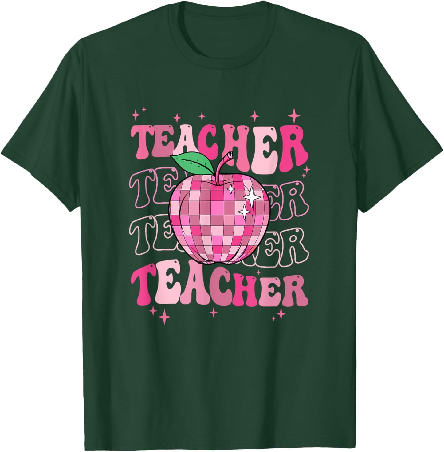 Retro Pink Disco Ball Apple Teacher Colorful Back To School T-Shirt - T-Shirt | Forest