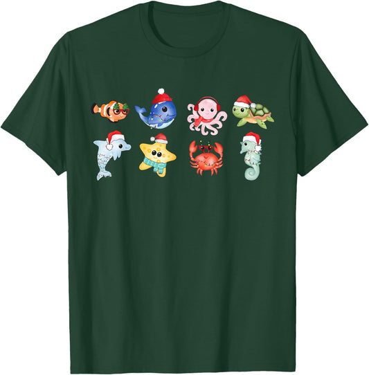 Cute Sea Animal Christmas Santa Hat Sea Turtle Ocean Animal T-Shirt - T-Shirt | Forest