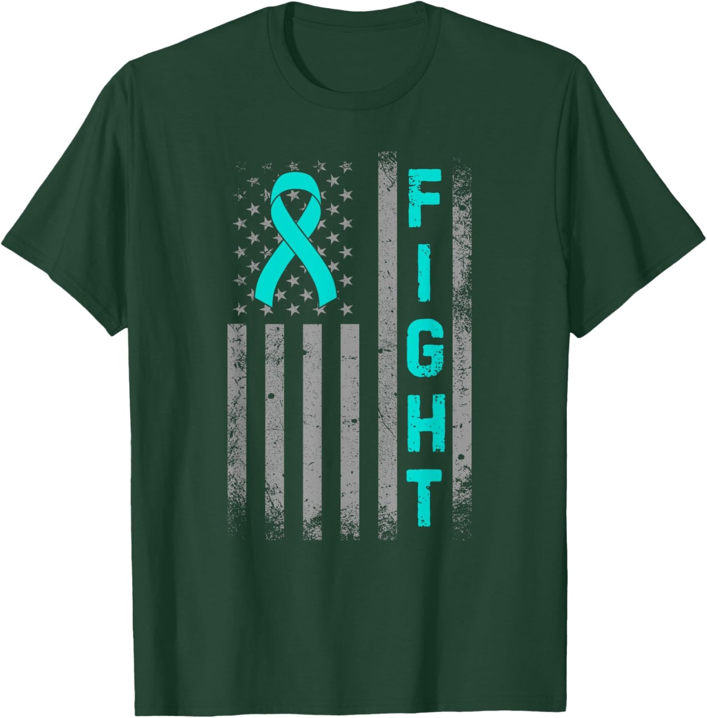 Fight Ovarian Cancer Awareness American US Flag Teal Ribbon T-Shirt - T-Shirt | Forest