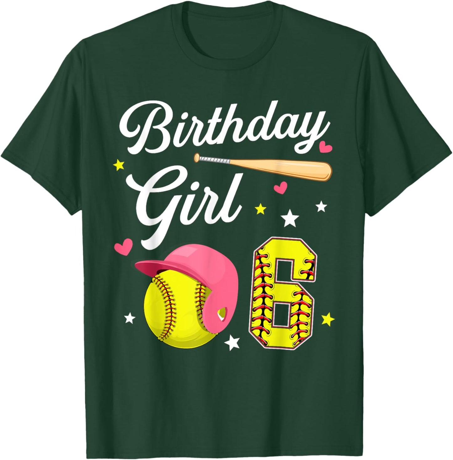 6th Birthday Girl Softball Sixth Bday 6 Yrs Six Years Old T-Shirt - T-Shirt | Forest