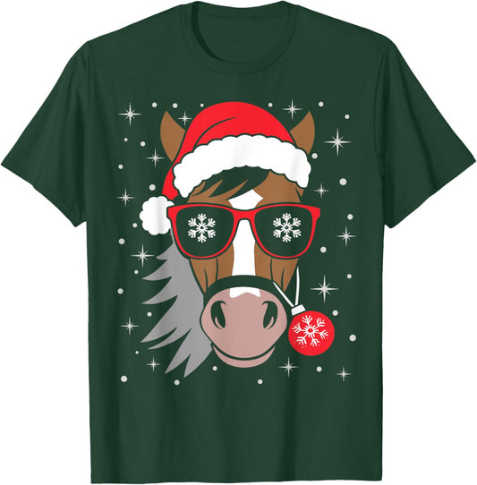 Horseback Riding Xmas Santa Hat Equestrian Christmas Horse T-Shirt - T-Shirt | Forest