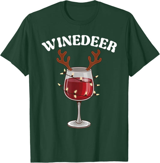 Funny Winedeer Reindeer Hat Santa Antlers Wine Glass Lights T-Shirt - T-Shirt | Forest