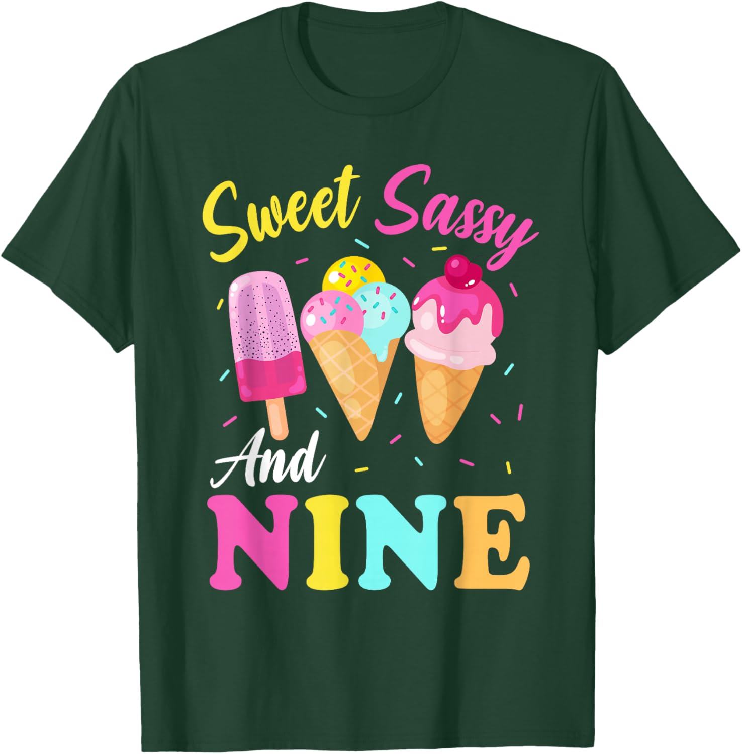 Kids Sweet Sassy And Nine 9th Birthday Girl Ice Cream T-Shirt - T-Shirt | Forest