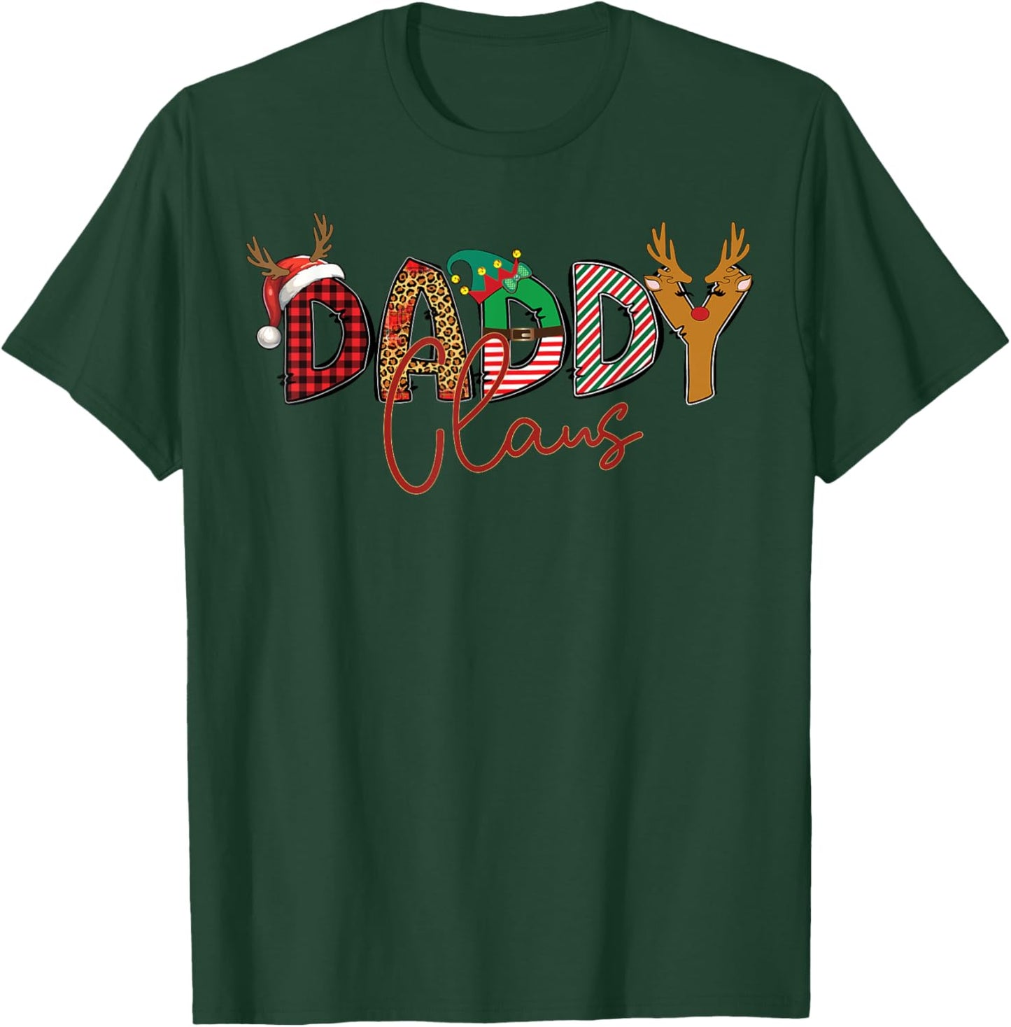 Daddy Claus Santa Hat Reindeer Leopard Plaid Matching Family T-Shirt - T-Shirt | Forest