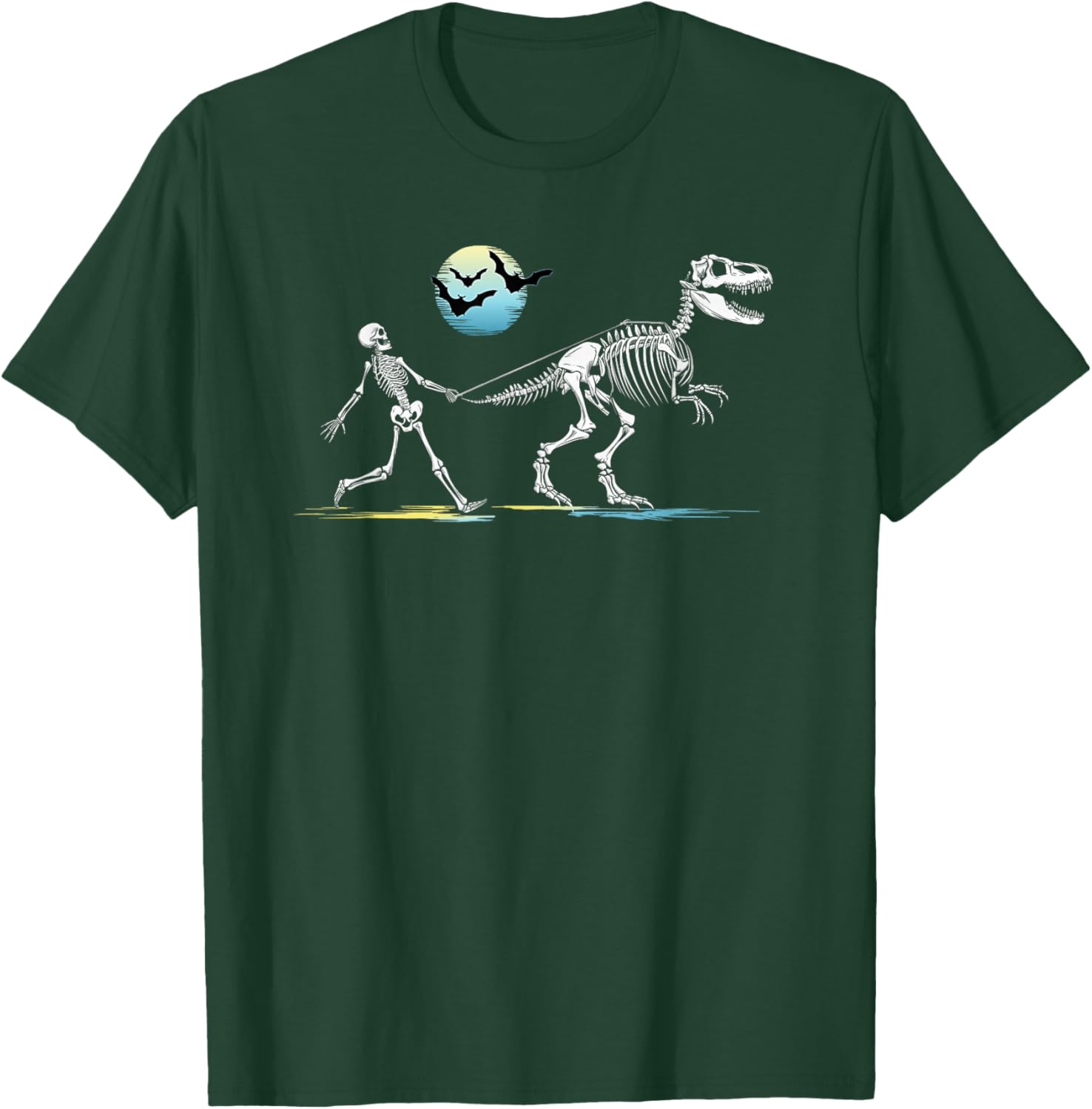 Skeleton Walking a T-Rex Dinosaur Boys Girls Funny Halloween T-Shirt - T-Shirt | Forest