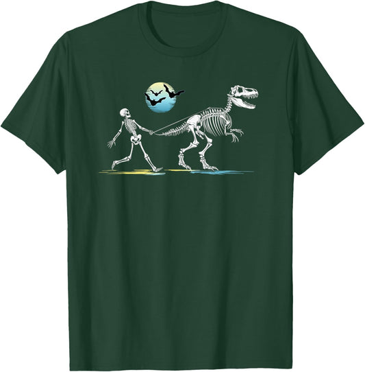 Skeleton Walking a T-Rex Dinosaur Boys Girls Funny Halloween T-Shirt - T-Shirt | Forest