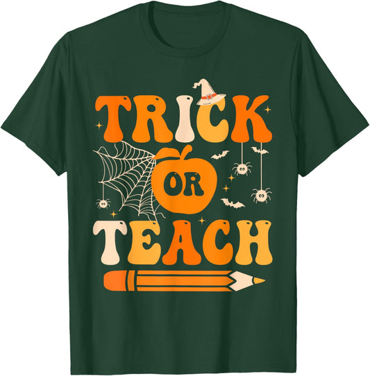 Retro Groovy Trick Or Teach Funny Halloween Teacher Life T-Shirt - T-Shirt | Forest