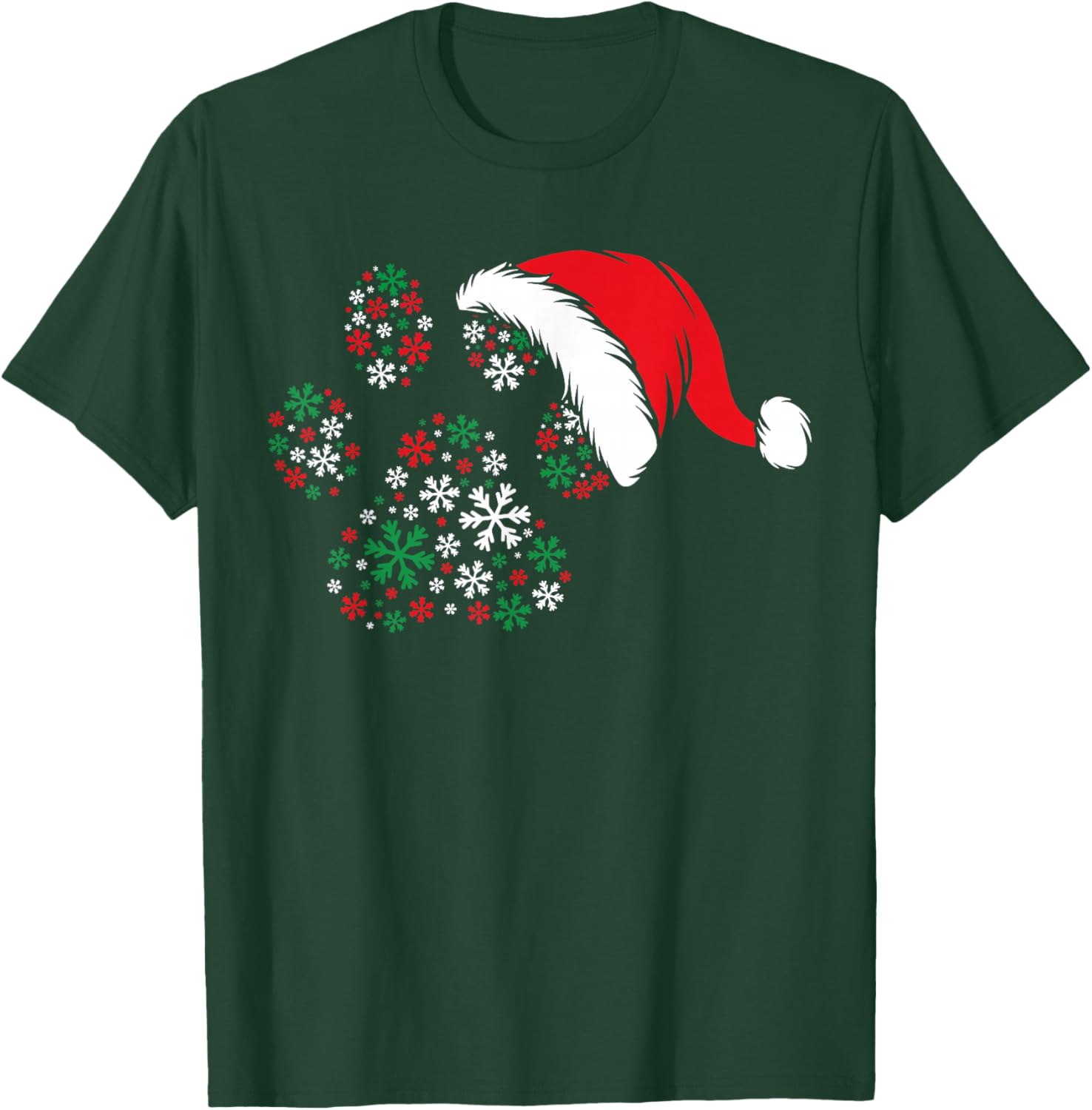 Snowflake Dog Paws Print Santa Hat Christmas Animal Lover T-Shirt - T-Shirt | Forest