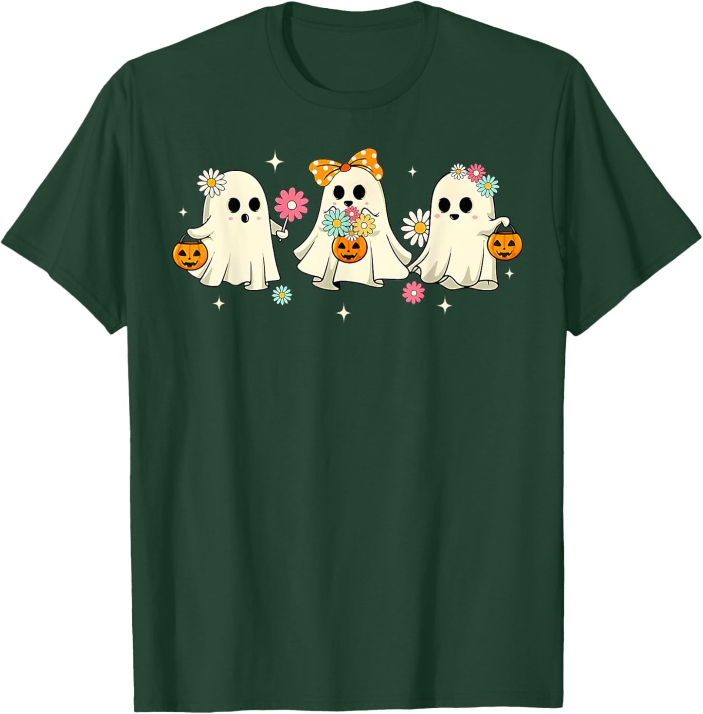 Cute Ghost Groovy Vintage Halloween Spooky Season Floral T-Shirt - T-Shirt | Forest