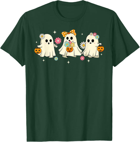 Cute Ghost Groovy Vintage Halloween Spooky Season Floral T-Shirt - T-Shirt | Forest
