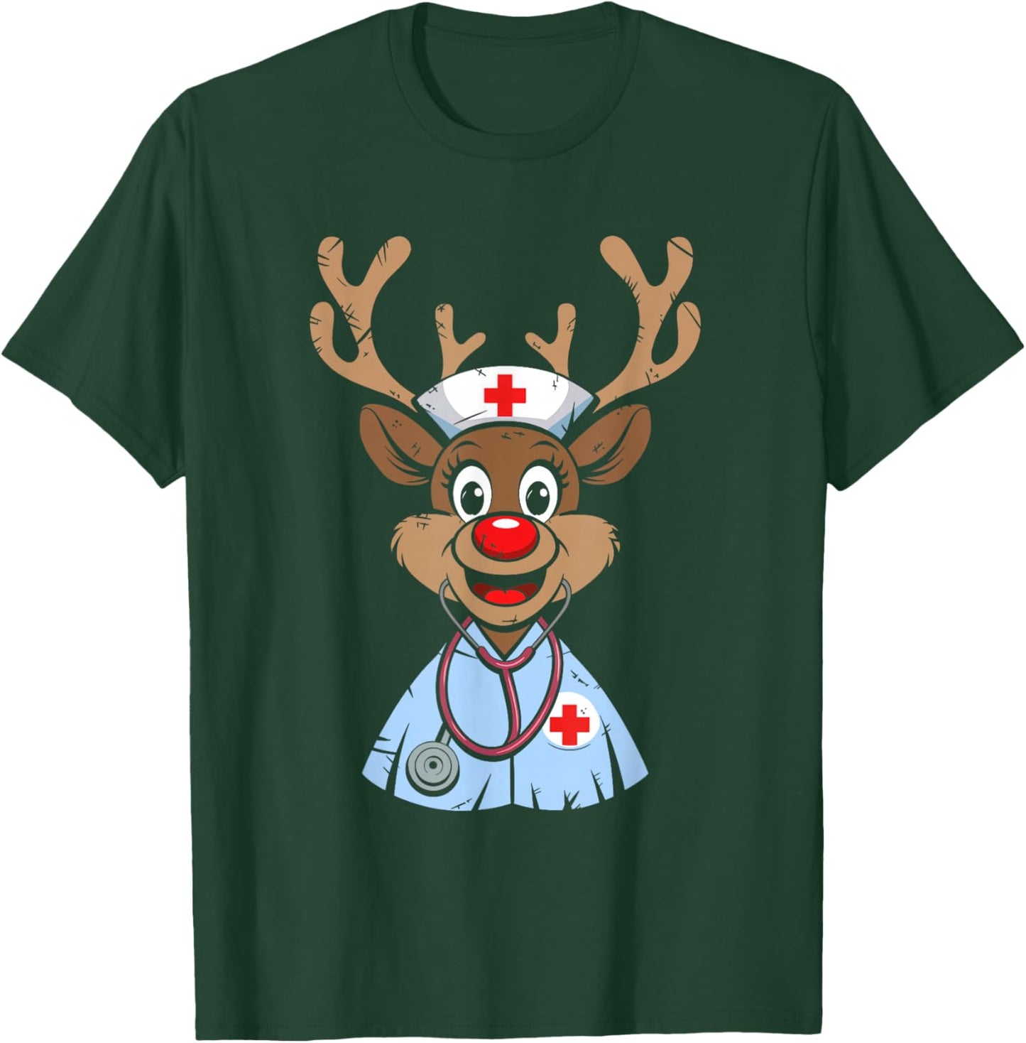 Christmas Nurse Reindeer Funny Scrubs Rubber Gloves Nurses T-Shirt - T-Shirt | Forest
