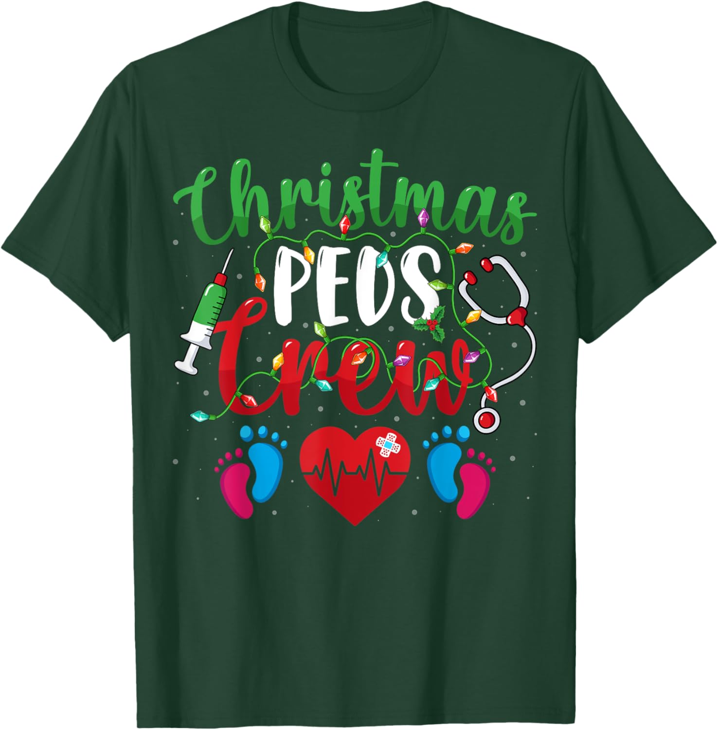 Christmas PEDS Crew Holiday Xmas Lights Pediatric Nurse T-Shirt - T-Shirt | Forest