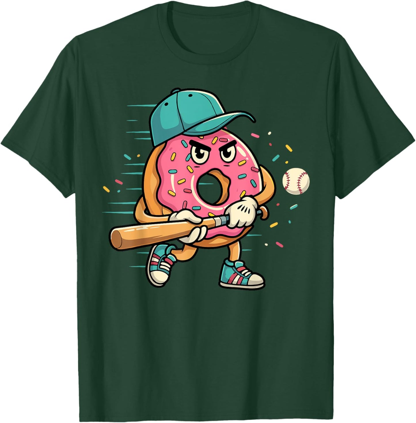 Donut Playing Baseball Dessert Food Lover Sports Fan Player T-Shirt - T-Shirt | Forest